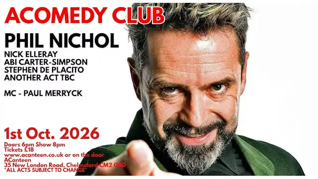 AComedy Club Chelmsford 1st October 2026 at ACANTEEN - BAR, MUSIC VENUE, RESTAUARANT