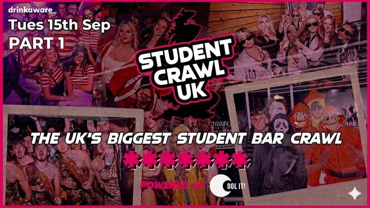 STUDENT CRAWL 2026 - PART 1️⃣ ﻿﻿🍻👕 - THE UK'S BIGGEST BAR CRAWL - FREE BAR CRAWL T SHIRT INCLUDED - at HEEBIE JEEBIES / MCNASTYS/ BLACK RABBIT / EINSTEIN / MCCOOLEYS / CHEERS / SOHO & Electrik WAREHOUSE