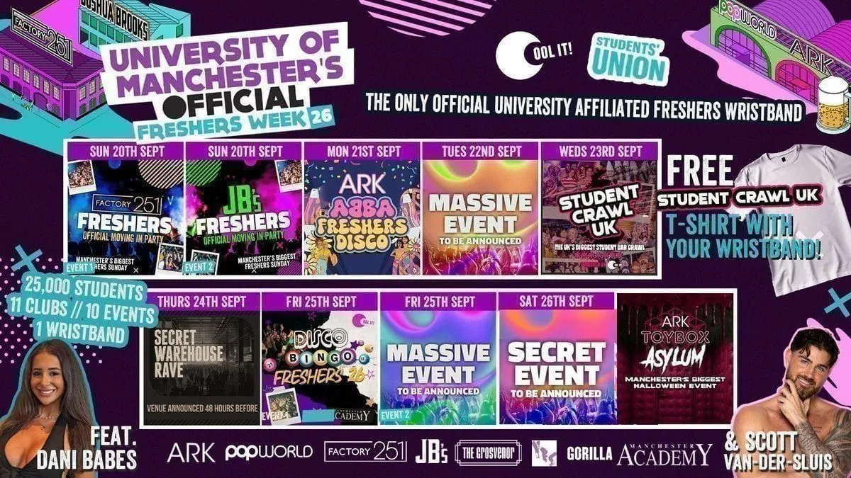 UNIVERSITY OF MANCHESTER'S OFFICIAL All Access Freshers Wristband 2026 ποΈ INCLUDES MANCHESTER'S BEST CLUBS / BIGGEST WEEKLY STUDENT BRANDS / SPECIAL GUESTS INCL DANI BABES / SCOTT VAN DER SLUIS & MUCH MORE! β‘οΈ
