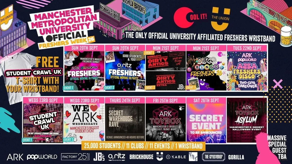 MANCHESTER MET - MMU - OFFICIAL All Access Freshers Wristband 2026 🎟️ at Ark / Popworld / Factory / Joshua Brooks / Gorilla / O2 Ritz / Boundary / MMU Union / Deaf Institute / Brickhouse / O'Connells + SECRET LOCATION + many more