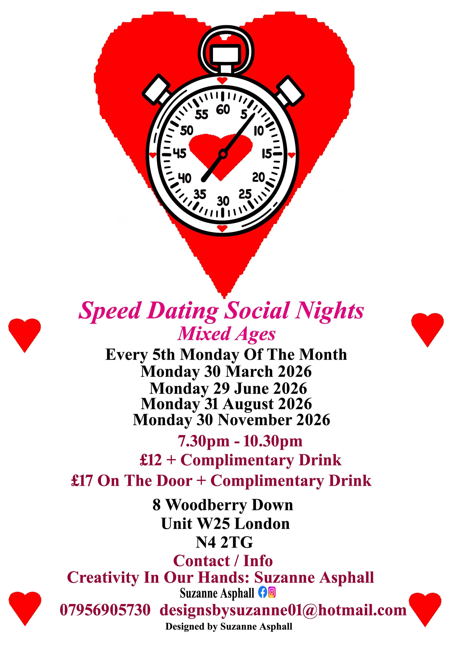 Speed Dating Social Nights. Mixed ages. Mondays at Creativity In Our Hands: Suzanne Asphall