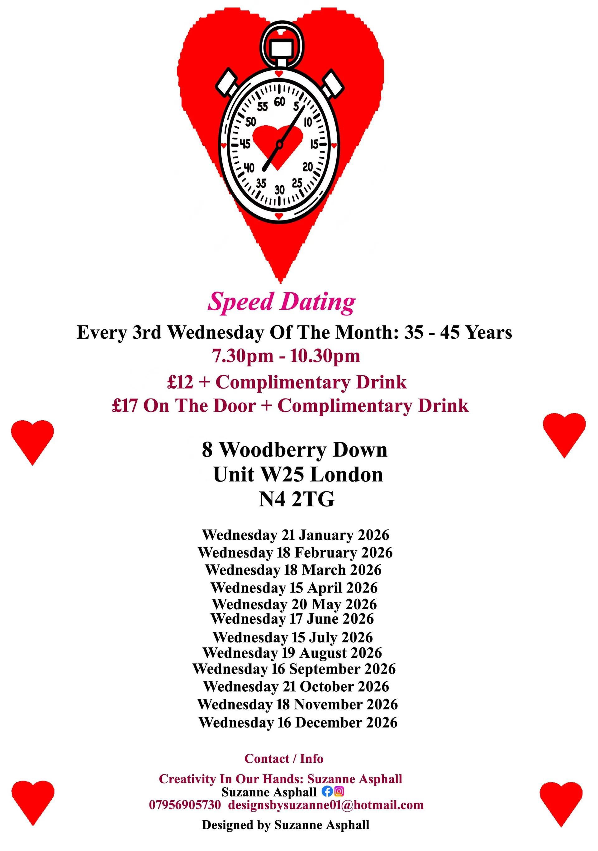 Speed Dating 45 years & Over Wednesdays at Creativity In Our Hands: Suzanne Asphall