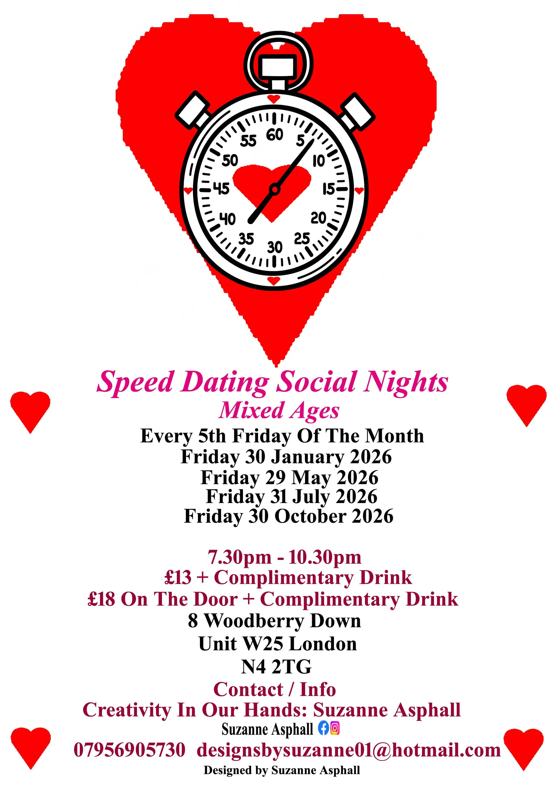 Speed Dating. Social Nigh. Mixed Ages. Every 5th  Friday of the month at Creativity In Our Hands: Suzanne Asphall