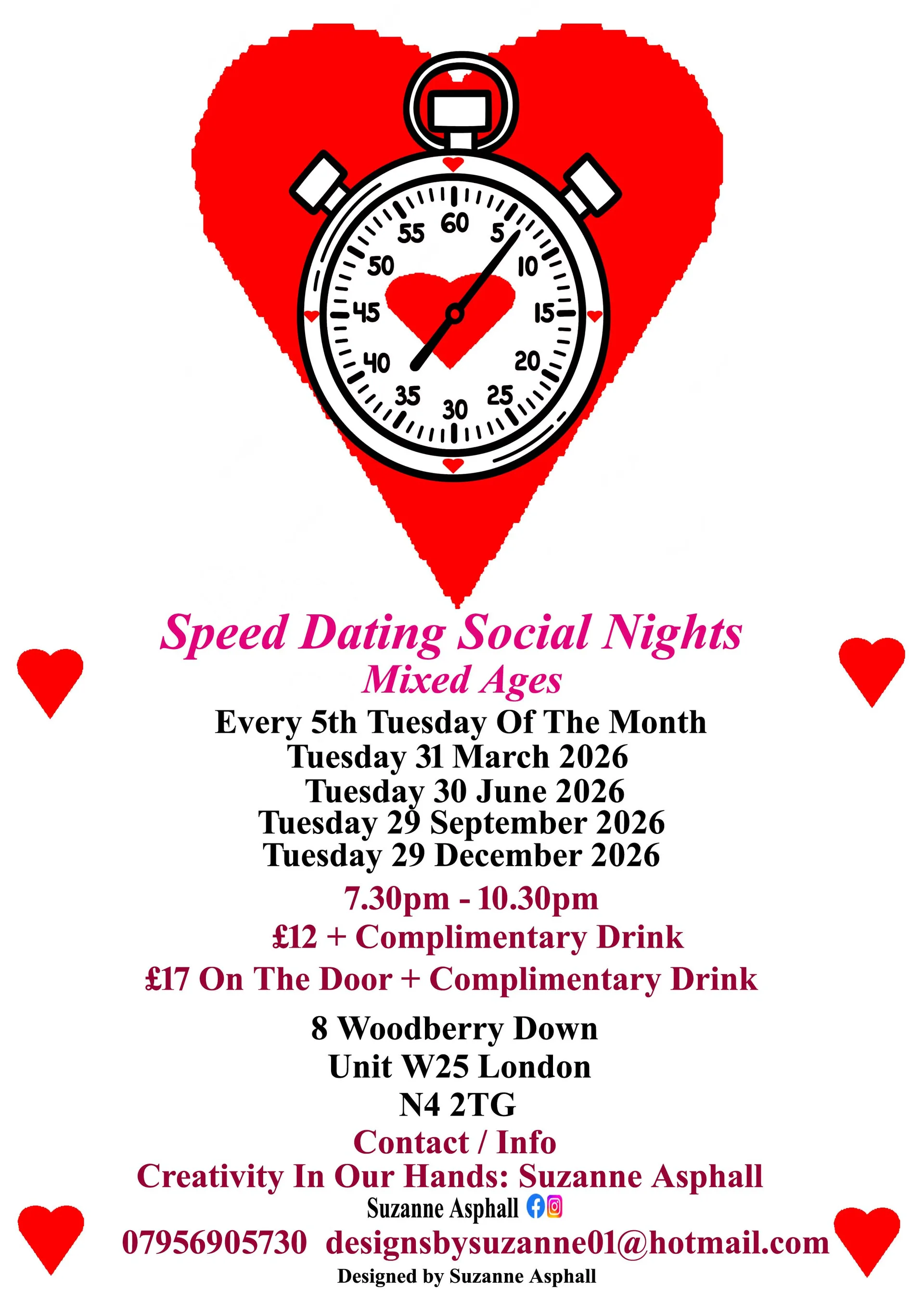 Speed Dating Social Nights. Mixed ages. Tuesdays at Creativity In Our Hands: Suzanne Asphall