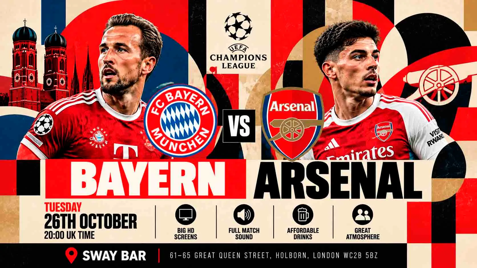 BAYERN MUNICH vs ARSENAL | UEFA CHAMPIONS LEAGUE ⚽🏆 WATCH BAYERN MUNICH vs ARSENAL LIVE AT SWAY BAR — CENTRAL LONDON!