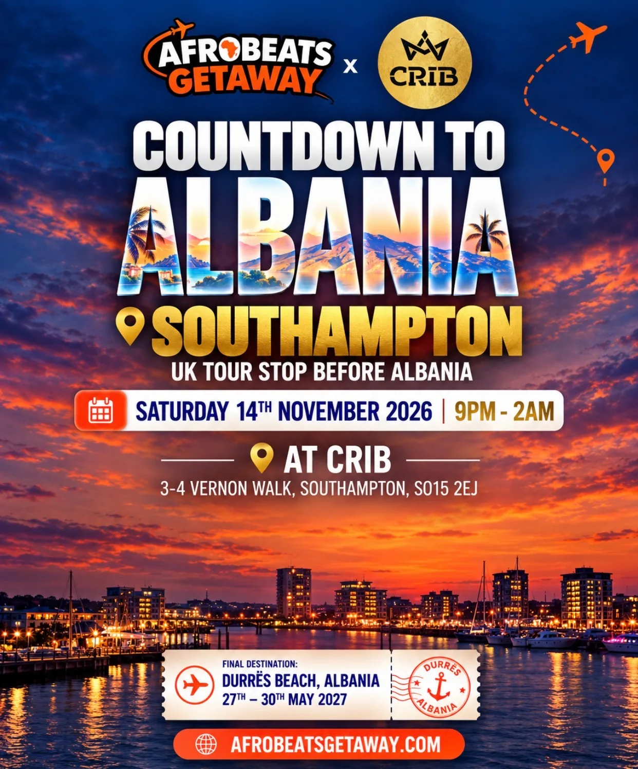 Countdown to Albania: Southampton — Afrobeats Getaway x CRIB at CRIB | COCKTAILS | SHUFFLEBOARD |