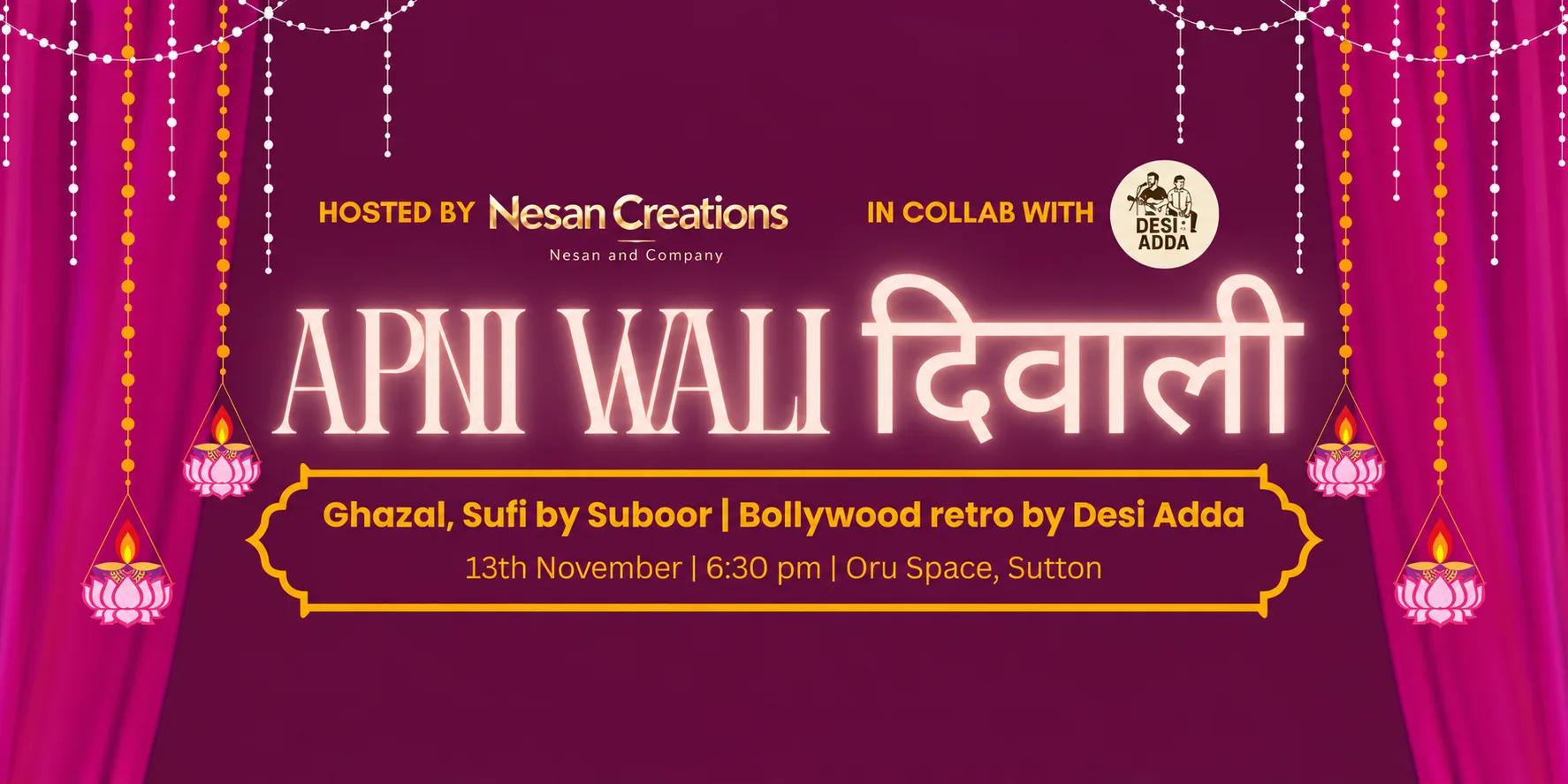 Apni Wali Diwali – Live Bollywood & Ghazal Night nostalgia in Sutton, London at Oru Space Sutton
