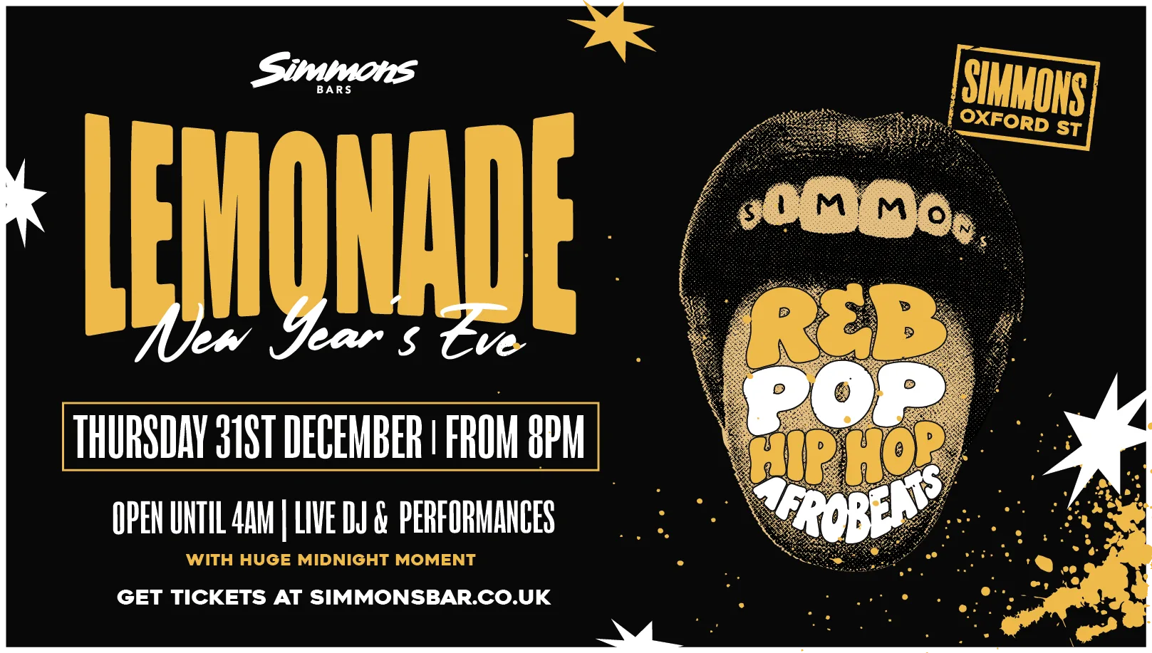 LEMONADE NYE SPECIAL: POP, RNB, HIP HOP, OLD SCHOOL CLASSICS, AFROBEATS & DANCEHALL… TIL 4AM at Simmons Bar
