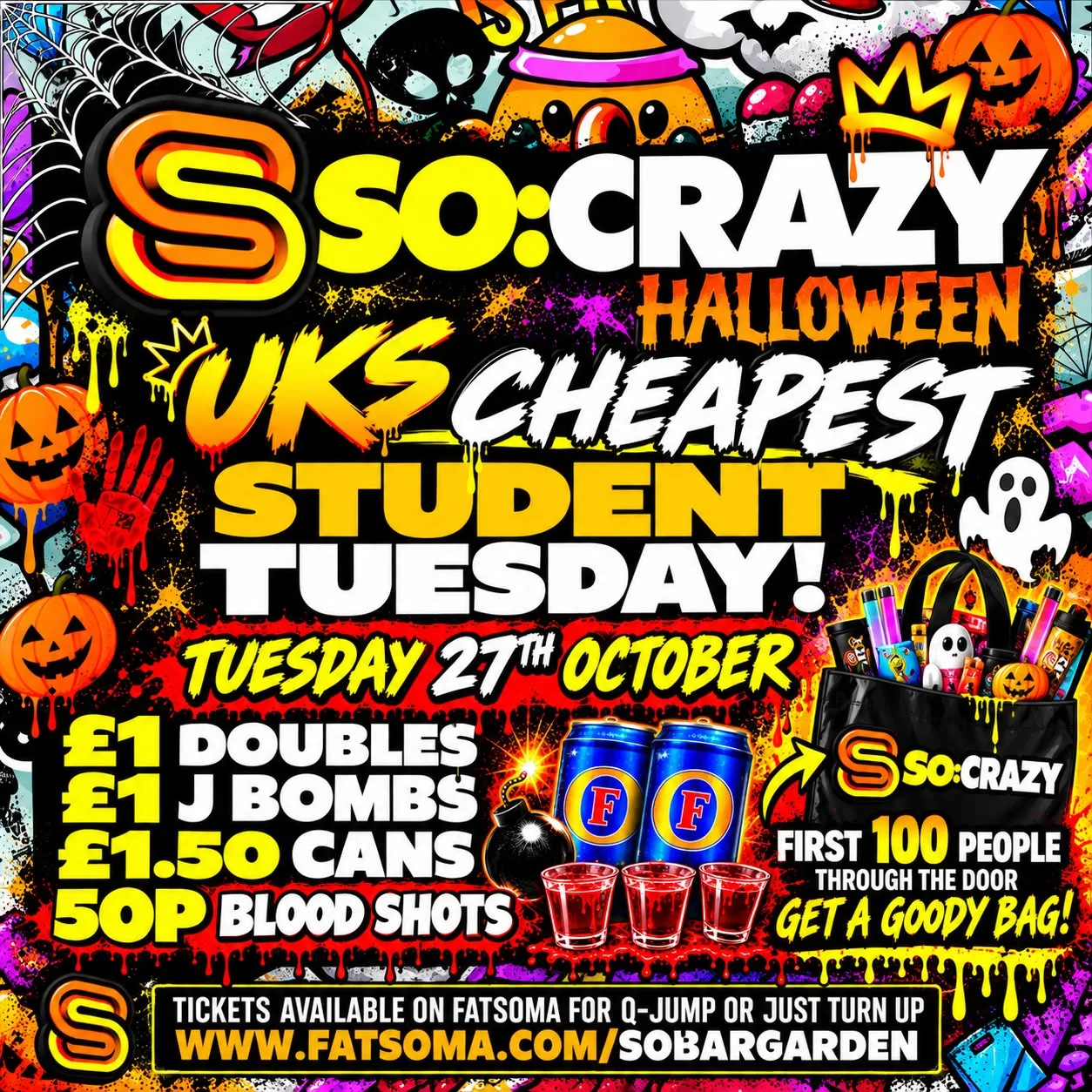 SO:CRAZY -  EVERY TUESDAY - HALLOWEEN SPECIAL - 27th October  2026 -  £1 DOUBLES ALL NIGHT. at Sobar Southampton