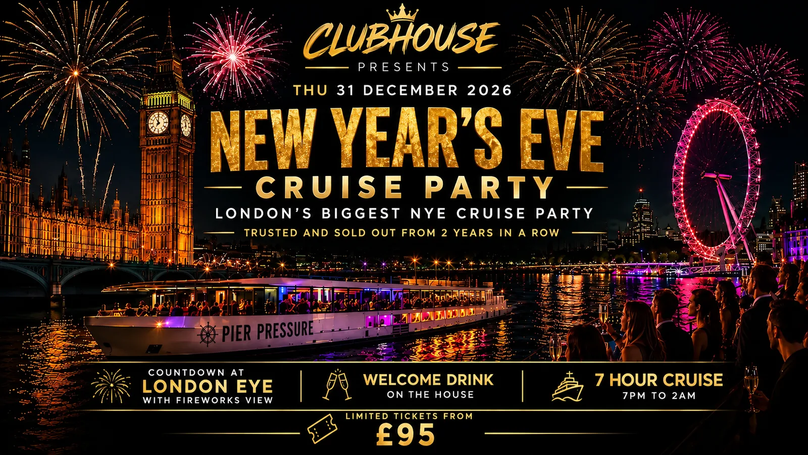 Midnight on the Thames 2027 – New Year’s Eve Yacht Party, Dinner & Fireworks at Westminster Millennium Pier