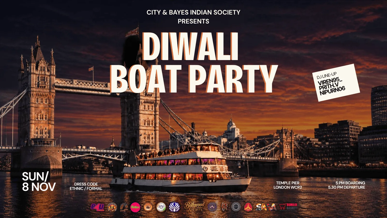 City & Bayes Indian Society presents Diwali Boat Party 2026 - The Official London Unis Celebration - Sunday 8 November [TRENDING🔥] at Temple Pier