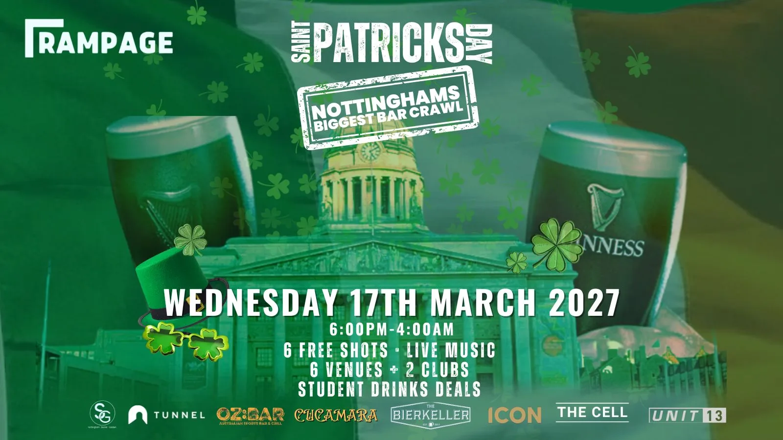St Paddy's Day Bar Crawl 2027 - Nottingham | 6 FREE SHOTS | 6 VENUES | 2 CLUBS at VARIOUS BARS