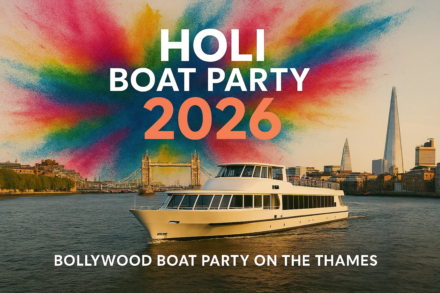 HOLI BOAT PARTY 2027 🛥️🎉 Bollywood boat party on the Thames with a free after party and food on sale at Crown Pier