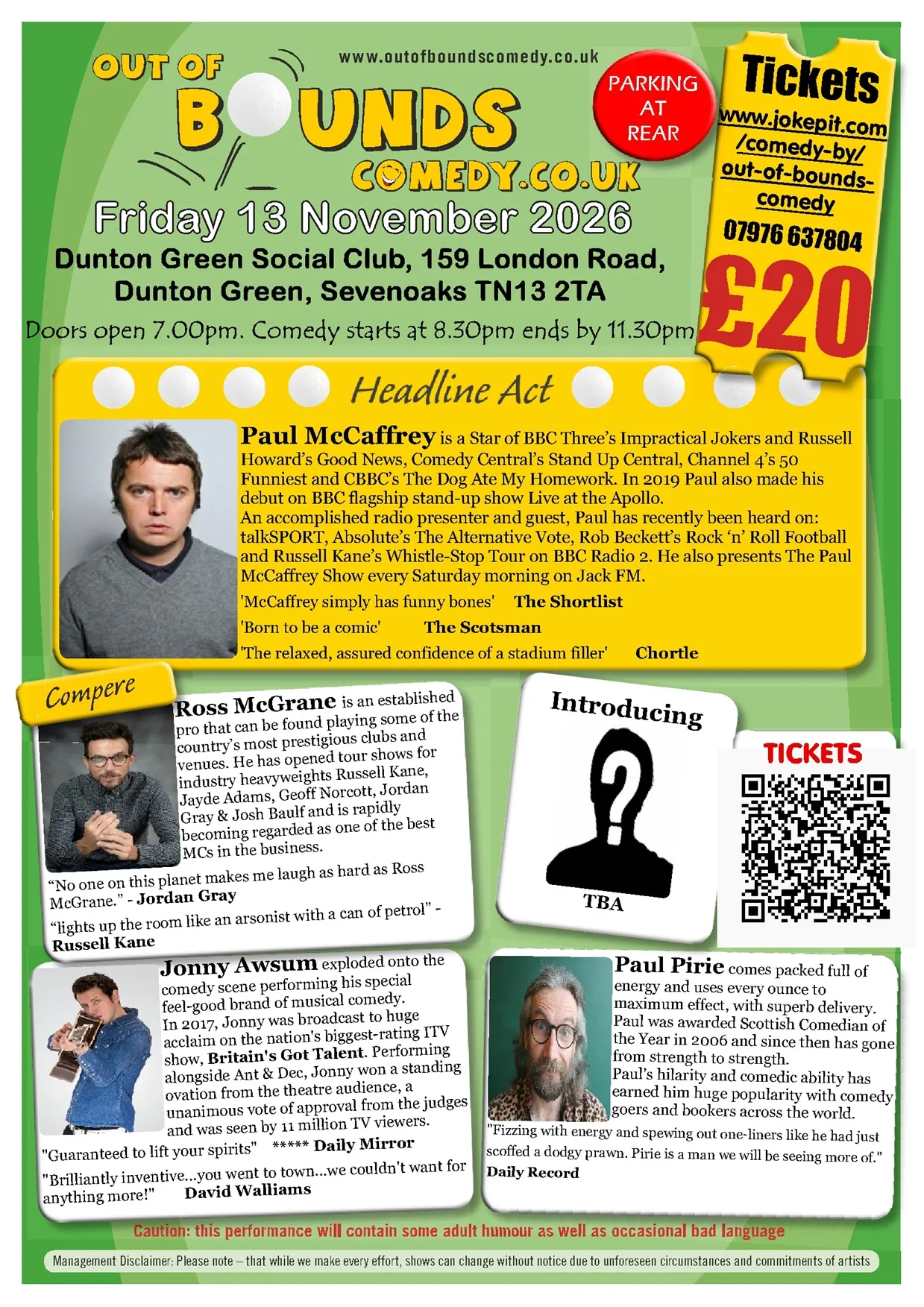 Out of Bounds Comedy Club Sevenoaks with Paul McCaffrey + much more at Out of Bounds Comedy Club Sevenoaks