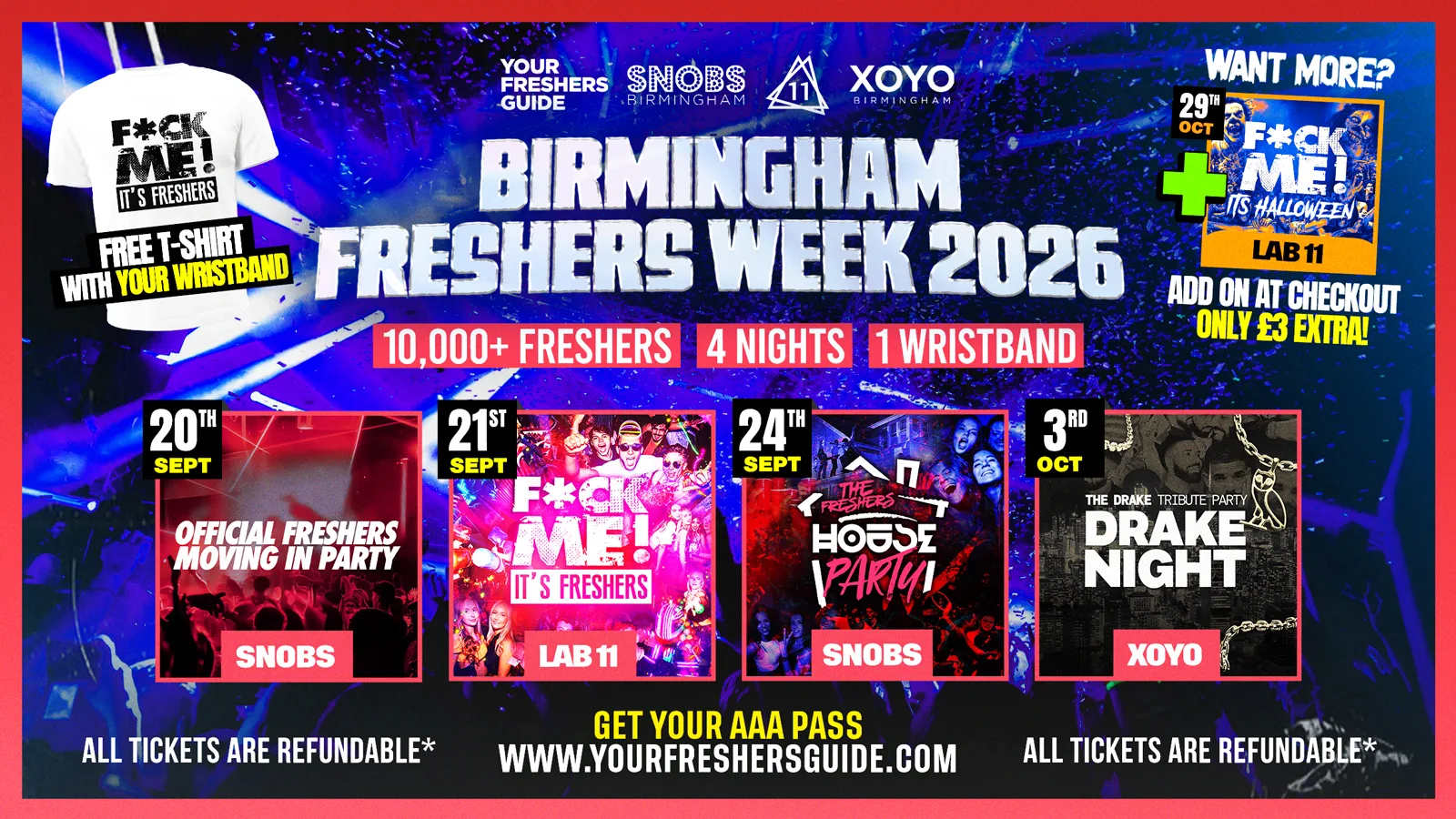 Birmingham Freshers Week 2026 - Official Your Freshers Guide - Includes Snobs, LAB11, XOYO & More! - Free T-Shirt With Every Ticket 👕