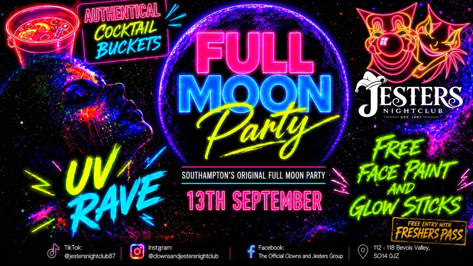 Full Moon Party – 13th September at Clowns Wine Bar and Jesters Nightclub