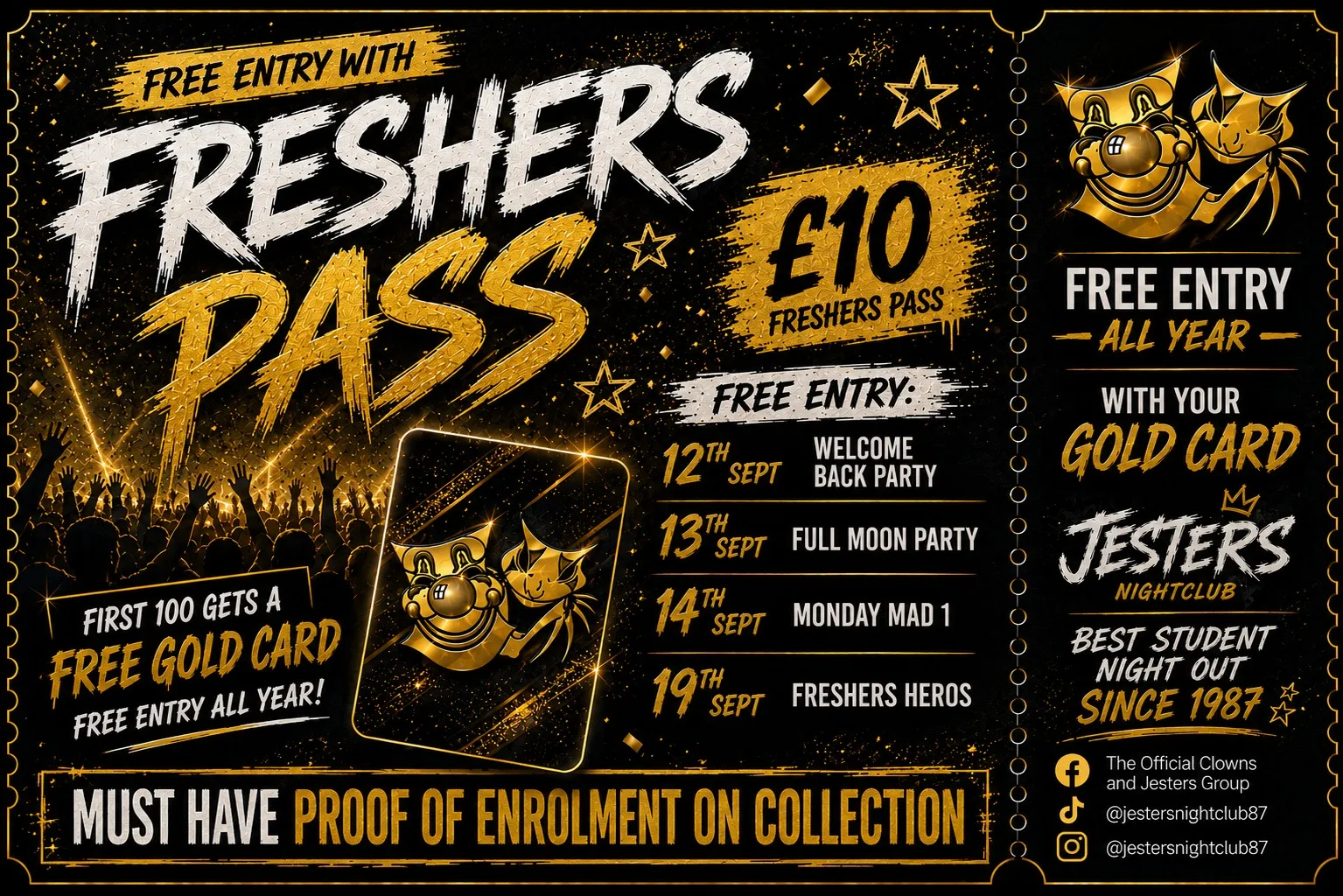 THE Freshers Pass – Jesters Nightclub at Clowns Wine Bar and Jesters Nightclub