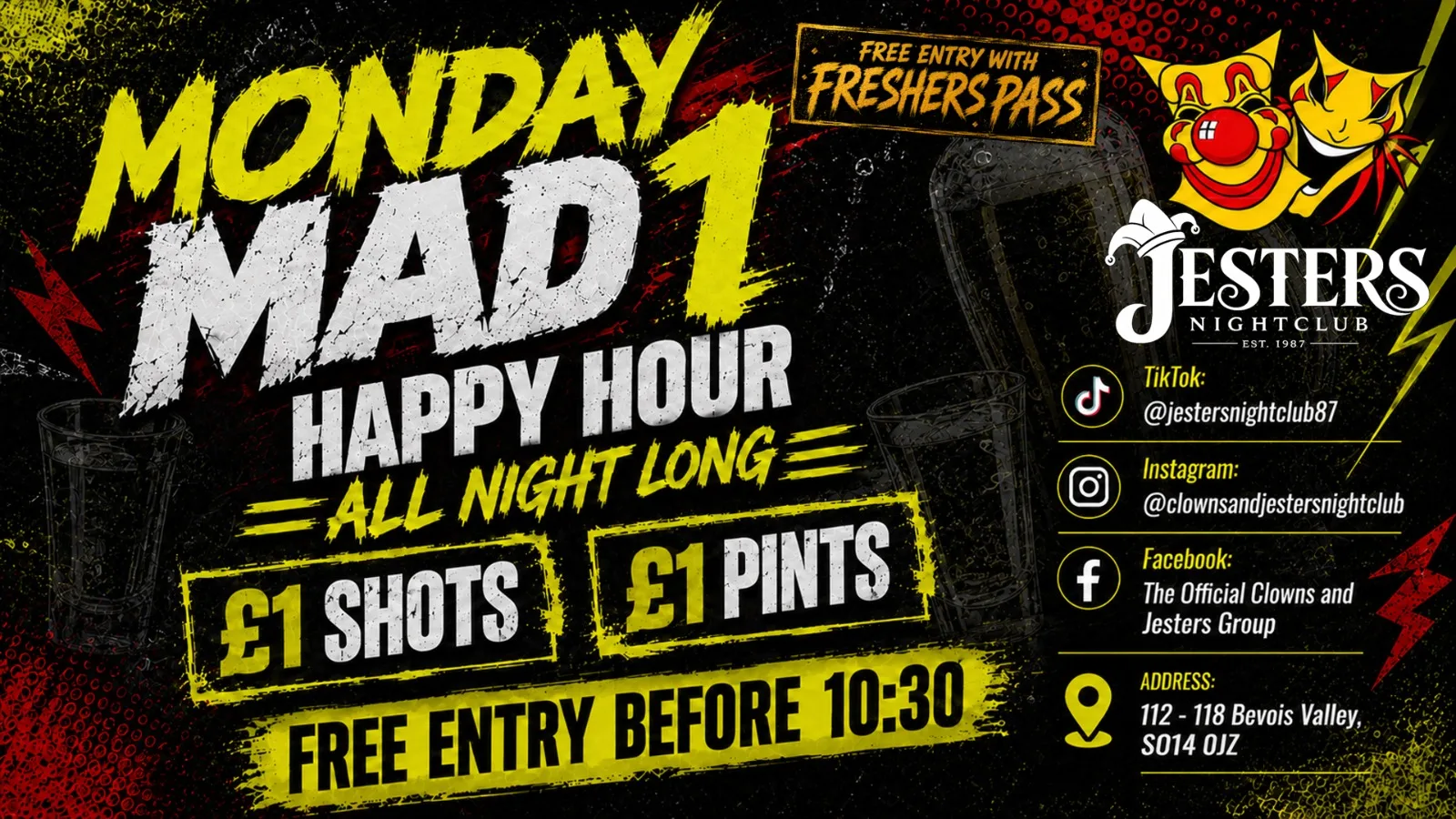 Monday Mad 1 - 14th Sept – £1 Pints, Shots & Doubles!!!! at Clowns Wine Bar and Jesters Nightclub
