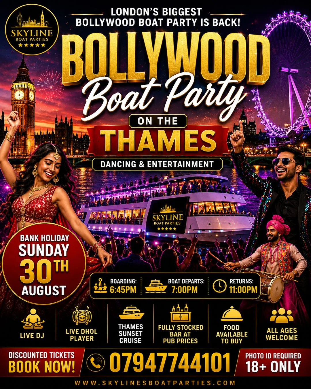 🚢 FLASH SALE LONDON’S BIGGEST BOLLYWOOD BANK HOLIDAY BOAT PARTY IS BACK! 🇮🇳 at Crown Pier