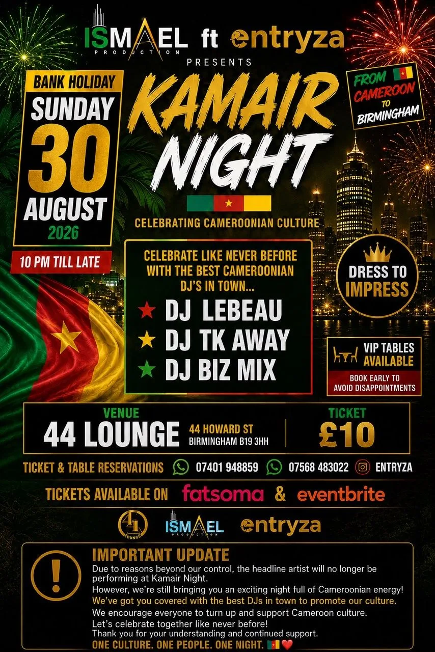 CAMEROON NIGHT  Live in Birmingham - Bank Holiday Shutdown