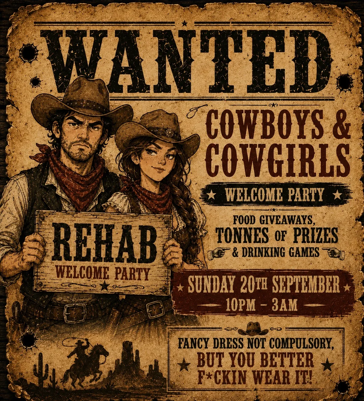 FRESHERS 2026 - Sunday 19th September > Rehab Wild West - Cowboys Vs Cowgirls at Maverick's 80s Lounge