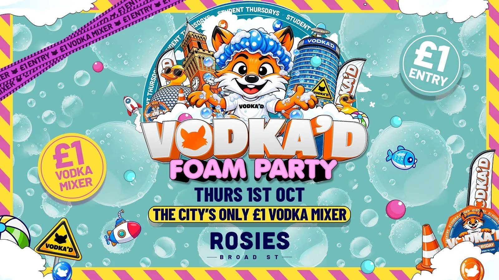 🦊 VODKA'D FOAM PARTY AT ROSIES 📍 £1 ENTRY ALL-NIGHT // £1 VODKA MIXERS ALL NIGHT 📍 NEW STUDENT THURSDAYS 📍 1.10.26