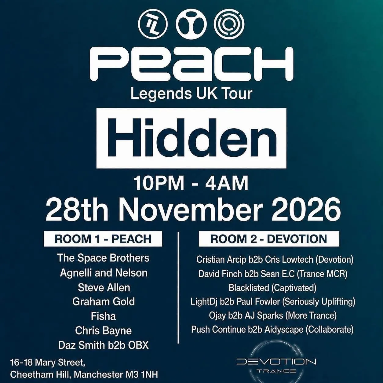 Peach Legends UK Tour  - Hidden, Manchester at Hidden at Downtex Mill
