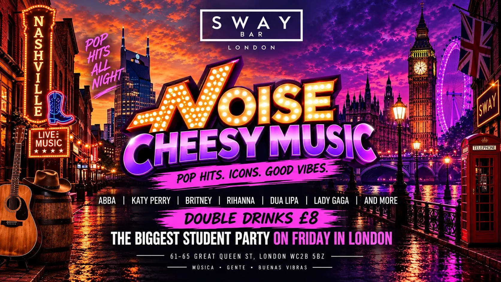 Noise ChessyPop @Sway Bar. FREE ENTRY.   Reggaeton & Chessy Pop Music | SWAY BAR. "Text in Spanish, English, Portuguese, French, Italian, and Hindi". Last entry 1AM. 140 FREE TICKETS!!!