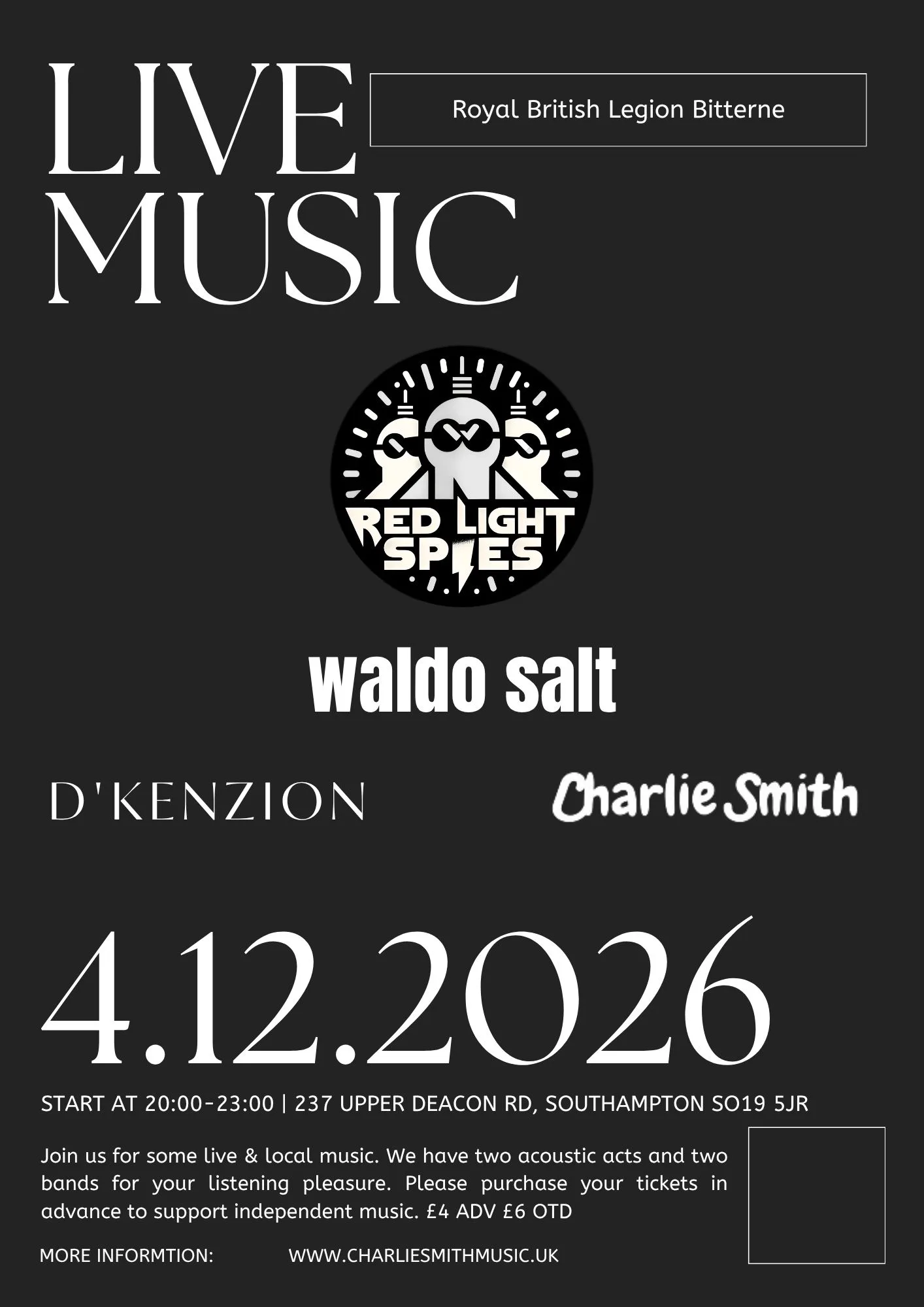 RBL Bitterne Music Night - Red Light Spies // Waldo Salt // Charlie Smith // D'Kenzion