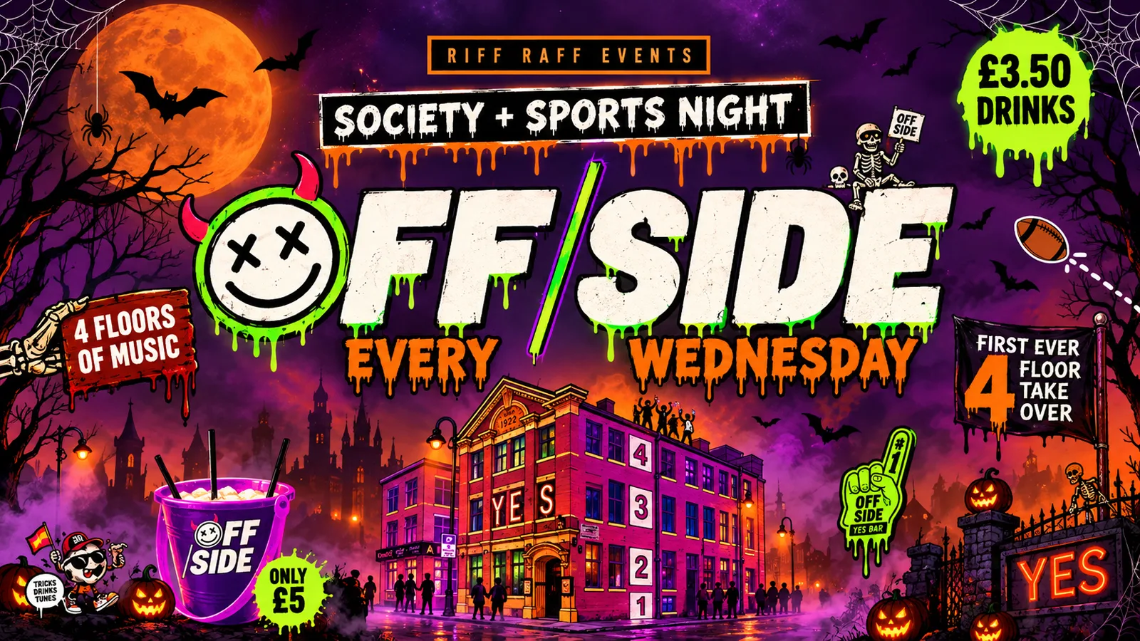 HALLOWEEN OFFSIDE @ YES 🎃 😈 FIRST EVER 4 FLOOR TAKEOVER! £5 Buckets 🪣 £3.50 Drinks! 🥤 HUGE ROOFTOP TERRACE + MORE at YES