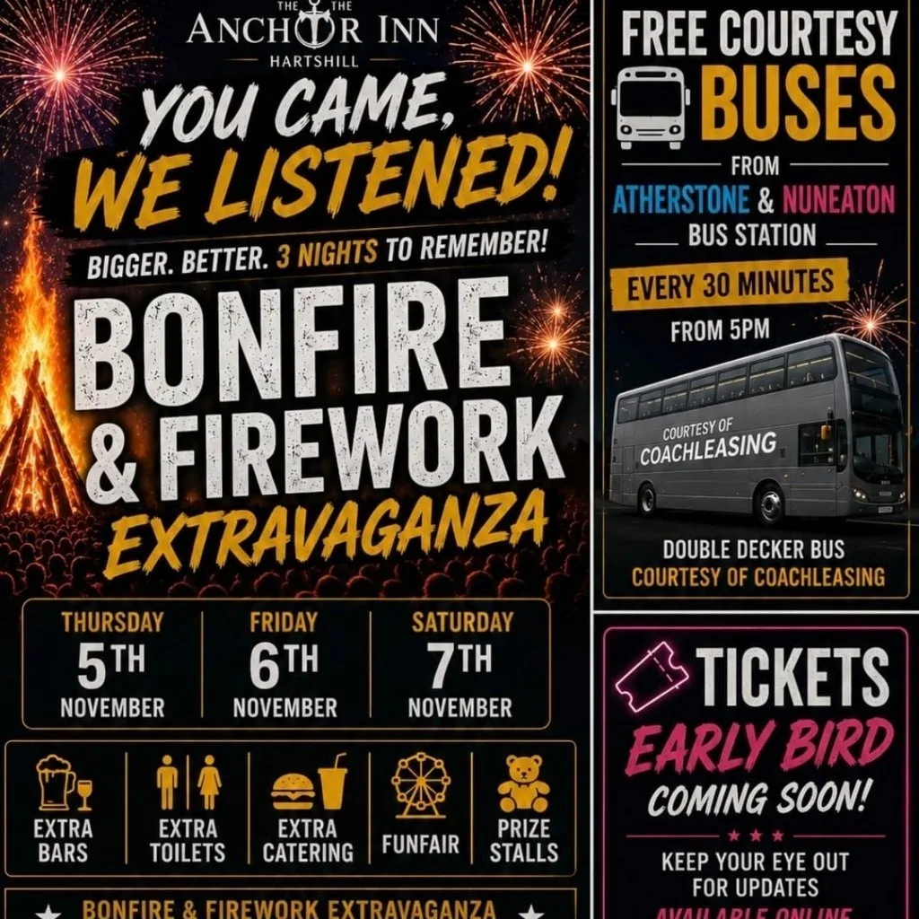 Bonfire & Fireworke Extravaganza 07/11/26 at The Anchor Inn Hartshill