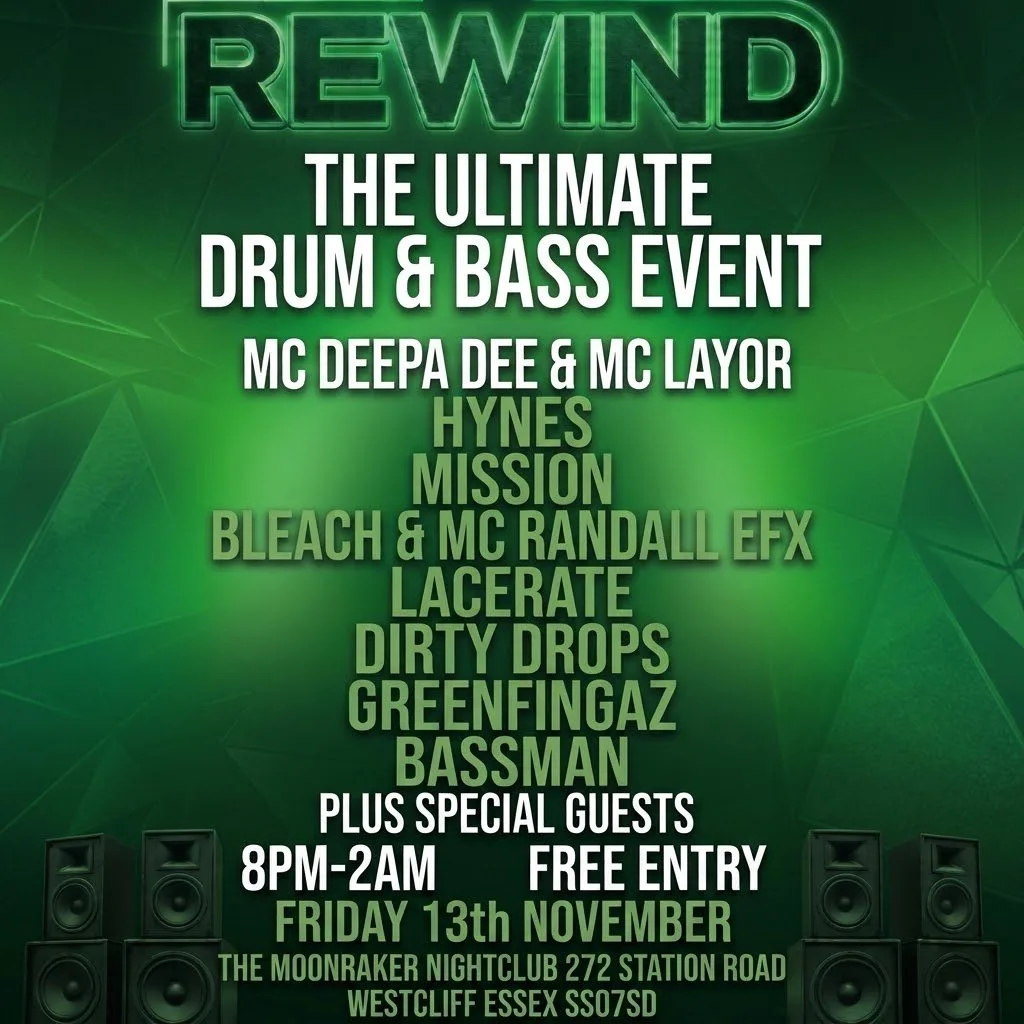 Rewind Drum & Bass at MOONRAKER 272 274 STATION ROAD WESTCLIFF ON SEA