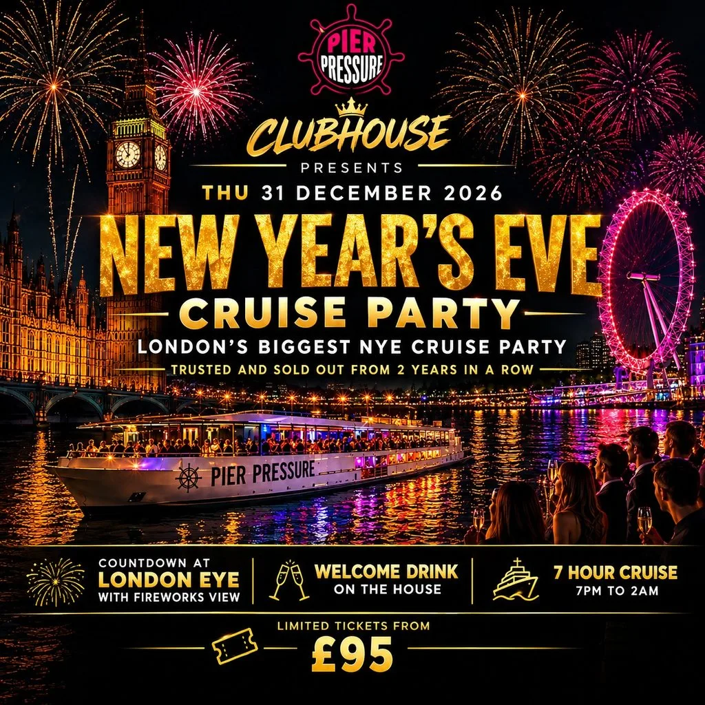 Midnight on the Thames 2027 New Year's Eve Yacht Party Dinner at Westminster Pier Victoria Embankment London