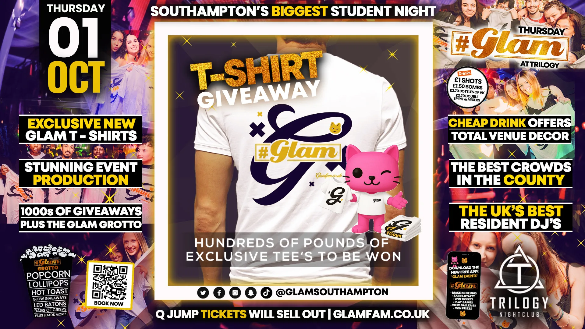 😻 Glam Thursdays | 👕 EXCLUSIVE GLAM T-SHIRT GIVEAWAY! 🤩 Southampton's Best Student Night! 😻 £1 Shots All Night! 🥃 at Trilogy nightclub