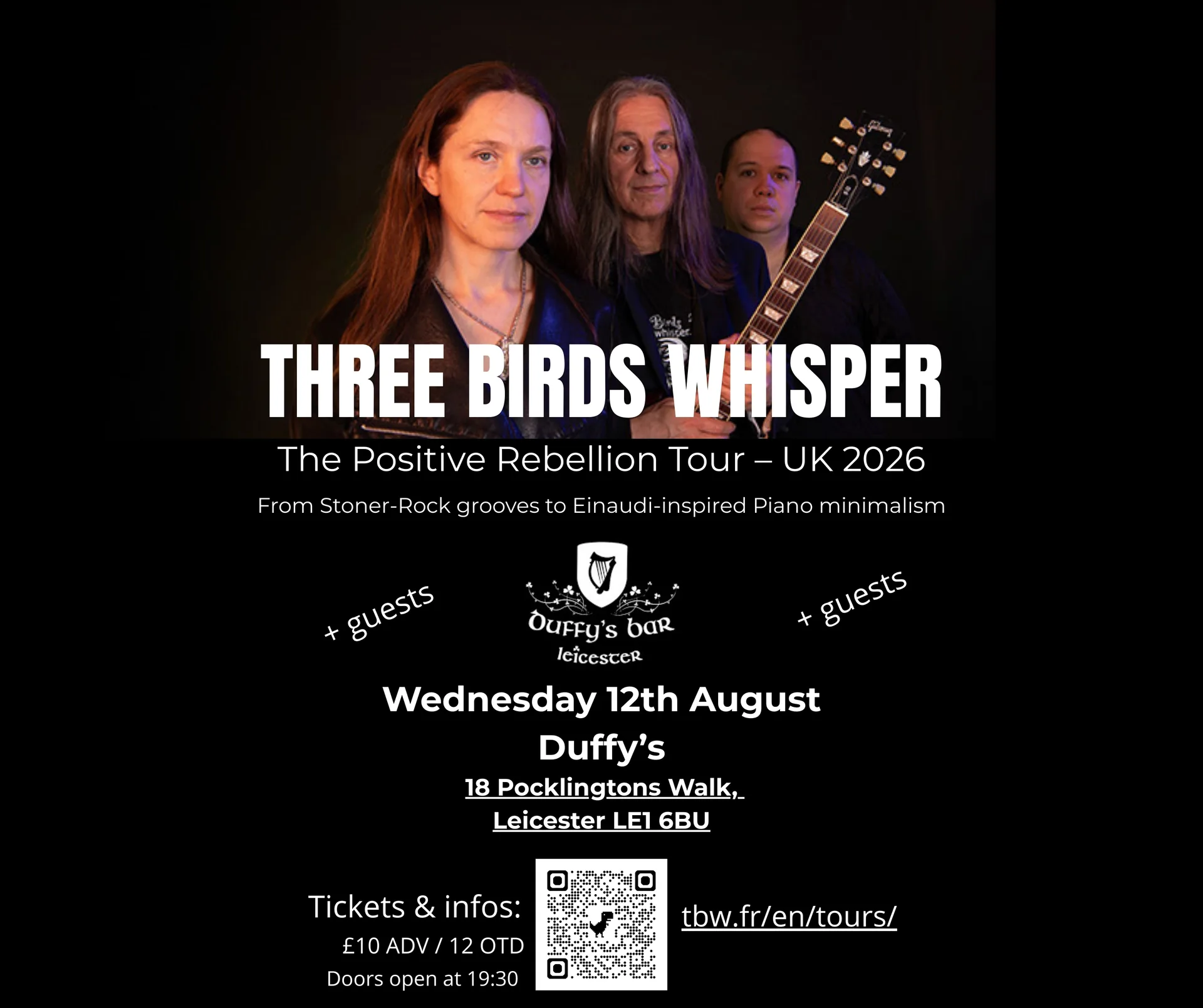 Three Birds Whisper + 2 guests - Live at The Duffy's Leicester - The Positive Rebellion Tour UK 2026 - Wednesday August 12th 2026 - Doors: 7:30pm | Music starts: 8:00pm at Duffy's Bar