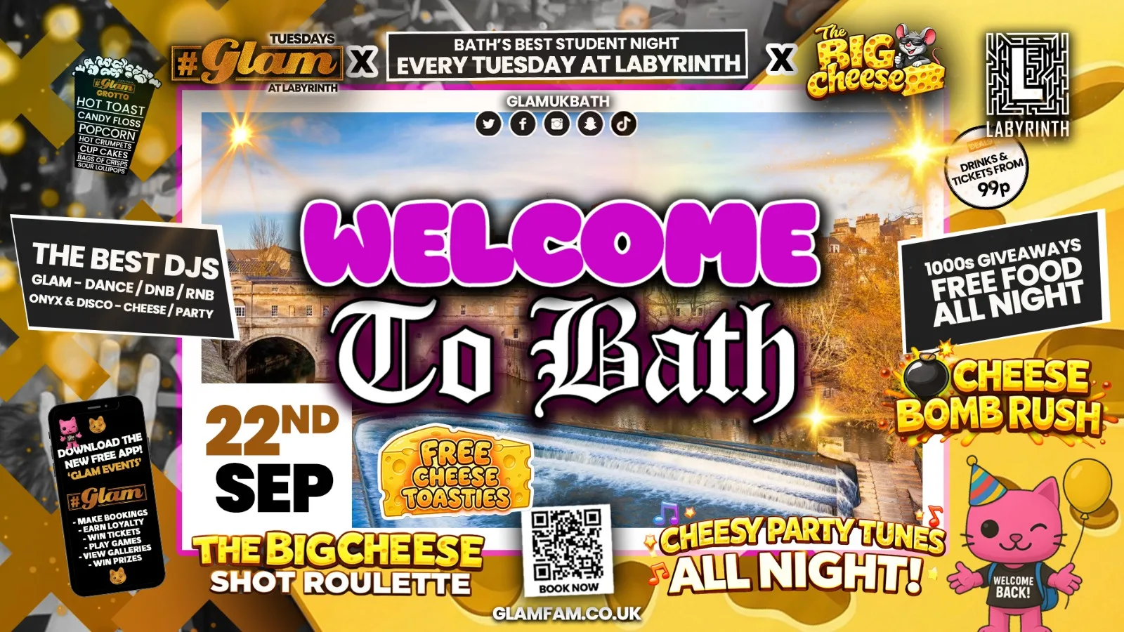 😻  GLAM x The BIG CHEESE 🧀 | FRESHERS 26 - WELCOME TO BATH 2026!! 🤩 Tickets and Drinks from 99p!‼️Every Tuesday at Labyrinth 😻 at Labyrinth Bar & Nightclub