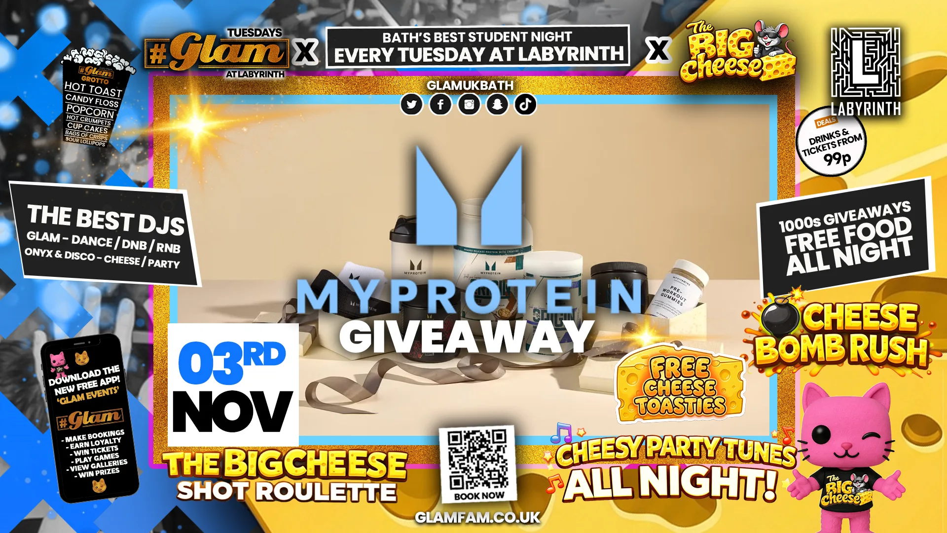 😻  GLAM x The BIG CHEESE |  MY PROTEIN GIVEAWAY! 💪💪🏼💪🏿 5 Shots for £5 and 99p Bombs! Plus Tickets and from 99p!‼️ at Labyrinth Bar & Nightclub