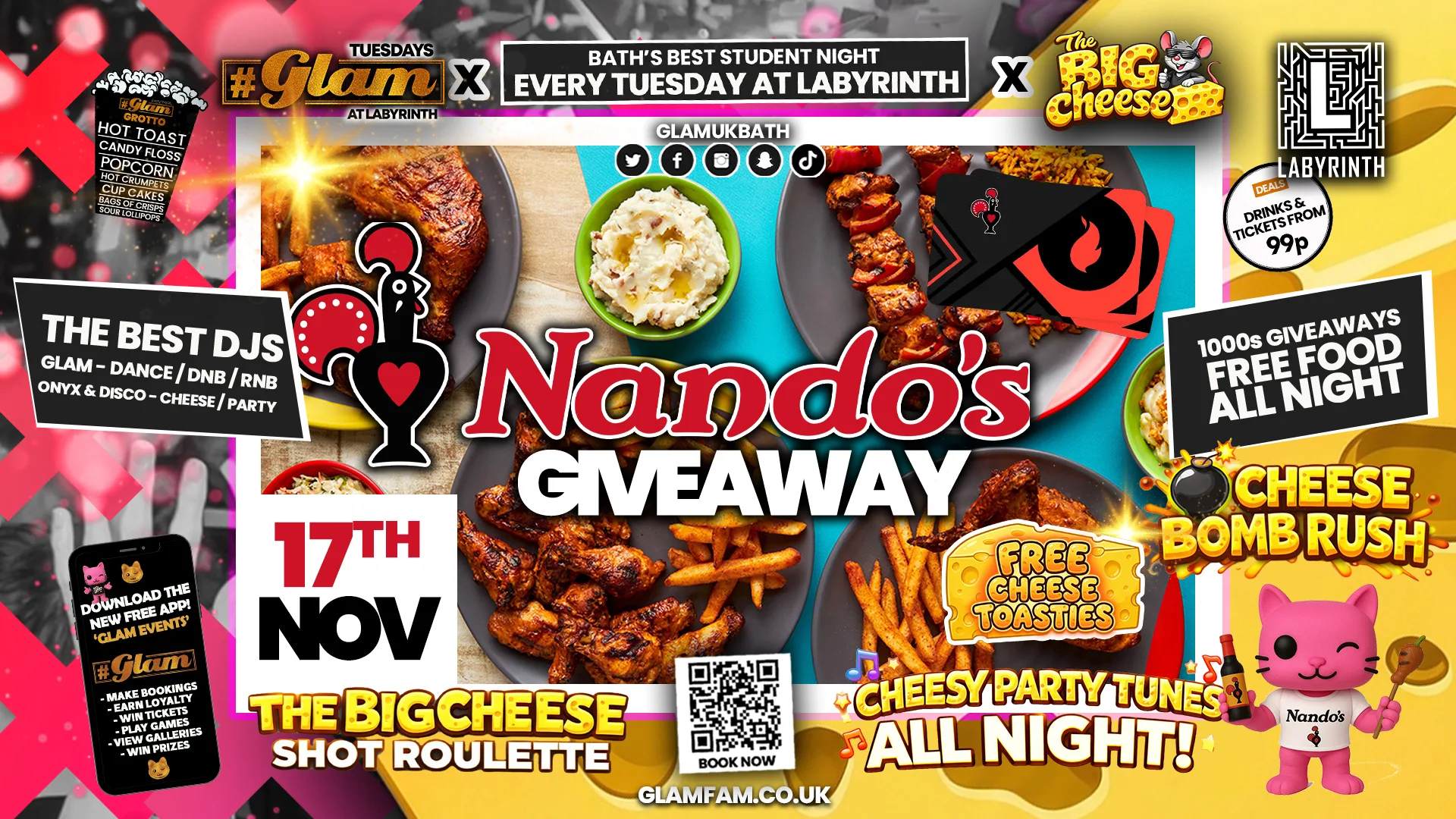 😻  GLAM x The BIG CHEESE |  🌶️ NANDOS GIVEAWAY! 🌶️ 5 Shots for £5 and 99p Bombs! Plus Tickets and from 99p!‼️