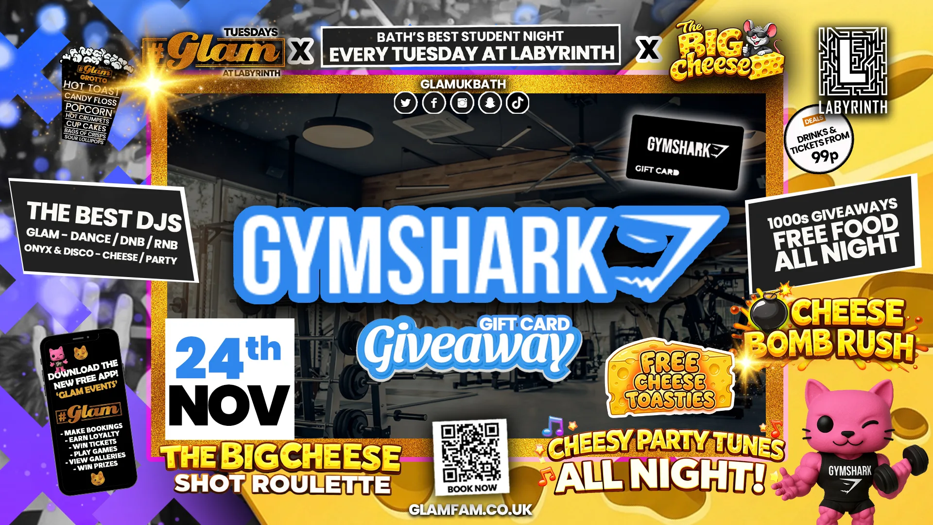 😻  GLAM x The BIG CHEESE |  🦈 GYM SHARK GIVEAWAY 🦈  5 Shots for £5 and 99p Bombs! Plus Tickets and from 99p!‼️