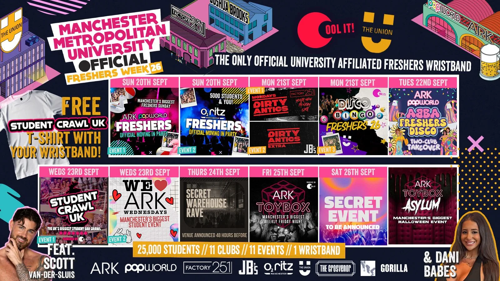 MANCHESTER MET - MMU - OFFICIAL All Access Freshers Wristband 2026 🎟️ YOUR OFFICIAL FRESHERS WRISTBAND - INCLUDES MANCHESTER'S BEST CLUBS / BIGGEST WEEKLY STUDENT BRANDS / SPECIAL GUESTS INCL DANI BABES / SCOTT VAN DER SLUIS & MUCH MORE! ⚡️ at Ark / Popworld / Factory / Joshua Brooks / Gorilla / O2 Ritz / Boundary / MMU Union / Deaf Institute / O’Connell’s / Brand New Venue & MUCH MORE ⚡️