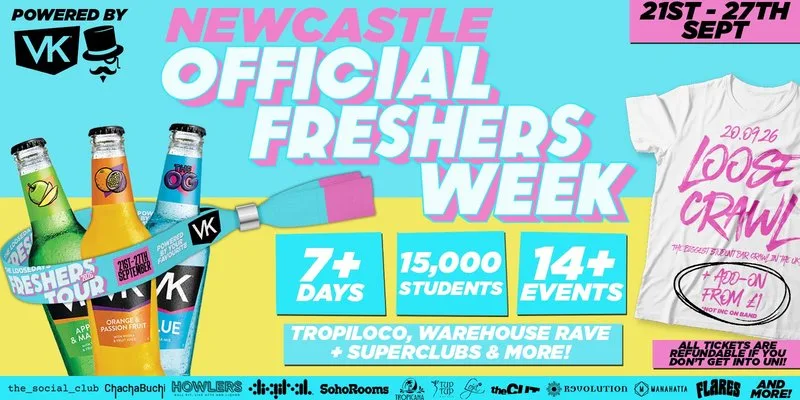 THE OFFICIAL VK X LOOSEDAYS NEWCASTLE FRESHERS WEEK BAND 2026 🤩💕 LESS THAN 50P PER EVENT 🪩⚡️ 7+ DAYS - 14+ EVENTS // INCLUDES TROPILOCO, JUNGLE, HUSH, WAREHOUSE RAVE, FRESHERS CARNIVAL & ABBA! +MORE at Newcastle upon Tyne City Centre