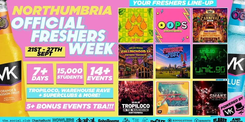 THE OFFICIAL VK X LOOSEDAYS NORTHUMBRIA FRESHERS WEEK BAND 2026 🤩💕 LESS THAN 50P PER EVENT 🪩⚡️ 7+ DAYS - 14+ EVENTS // INCLUDES TROPILOCO, UNIT.90, OOPS, WAREHOUSE RAVE, & FRESHERS FESTIVAL! +MORE at Newcastle upon Tyne City Centre