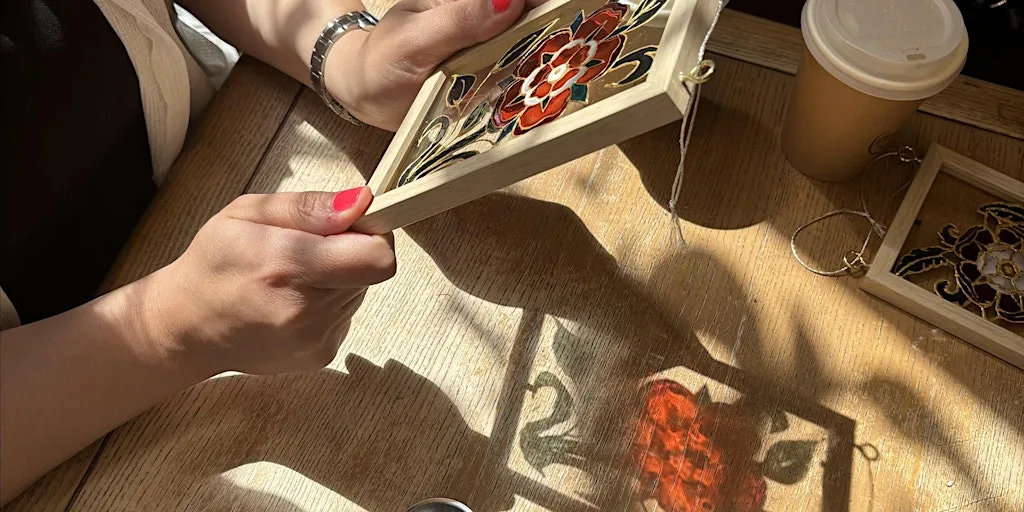 Floral glass painting at Shrewsbury Library