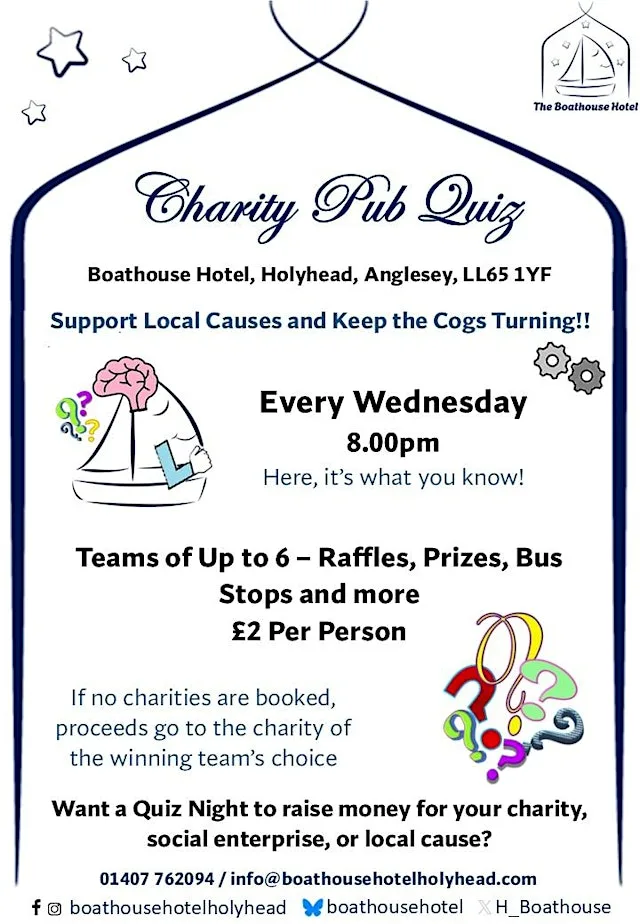 Weekly Boathouse Charity Pub Quiz, Every Wednesday and Occasional Saturdays at The Boathouse Hotel