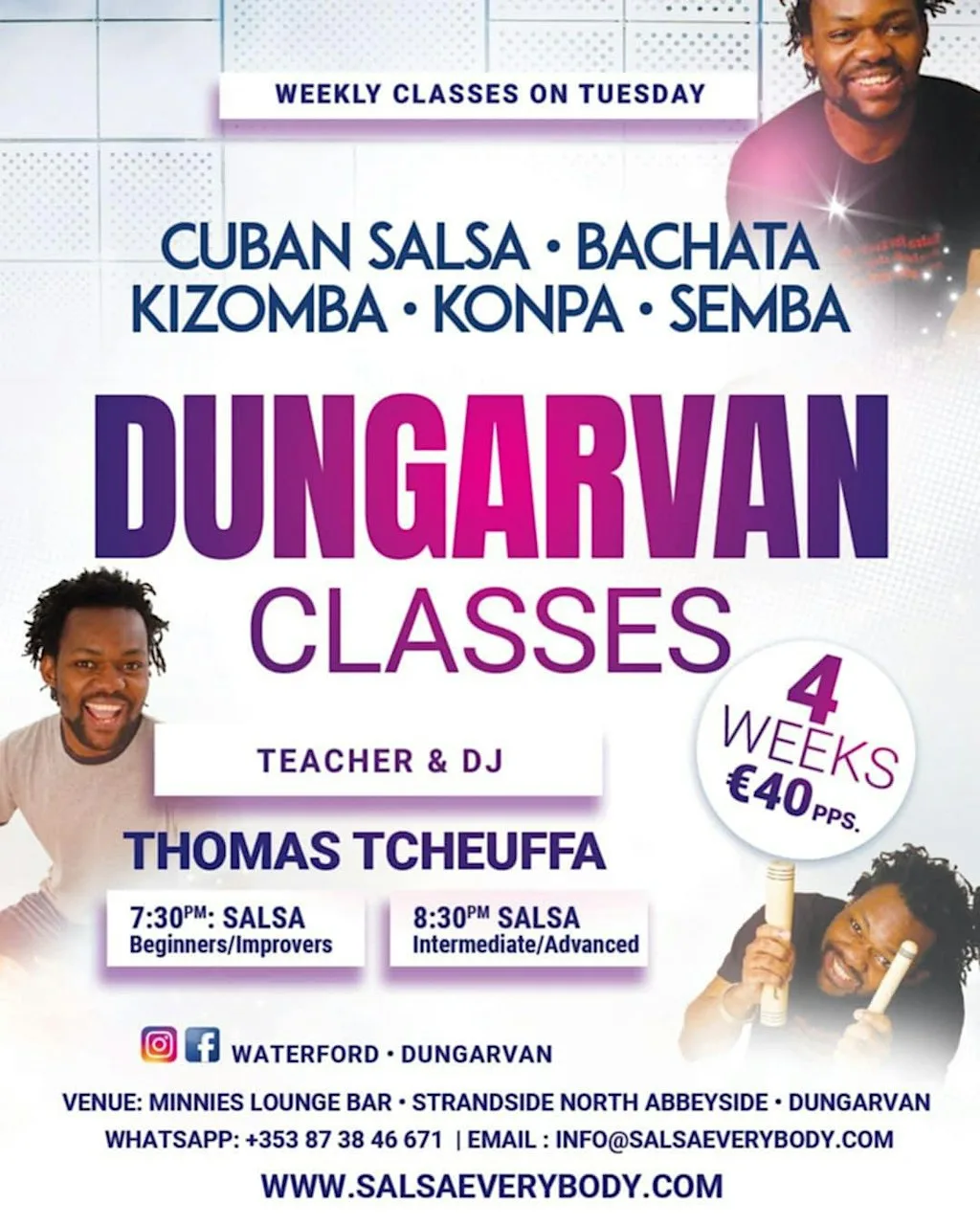 Dungarvan Salsa, Bachata, Kizomba Weekly Classes With Thomas Tcheuffa at Minnies Lounge Bar