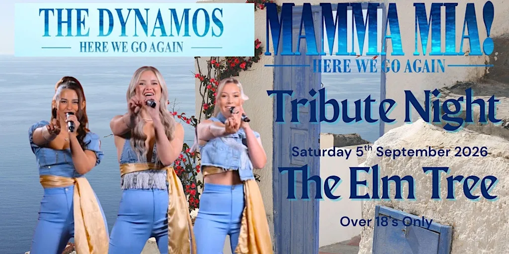 The Dynamos (Mamma Mia Tribute) live at The Elm Tree Tithe Barn at The ElmTree, Hightown Road, Hightown, Ringwood , UK. One minute from A31 - large free car park. Event held in large Tythe Barn on site. Main bar and Restaurant open as usual 12.-12. www.elmtreeringwood.co.