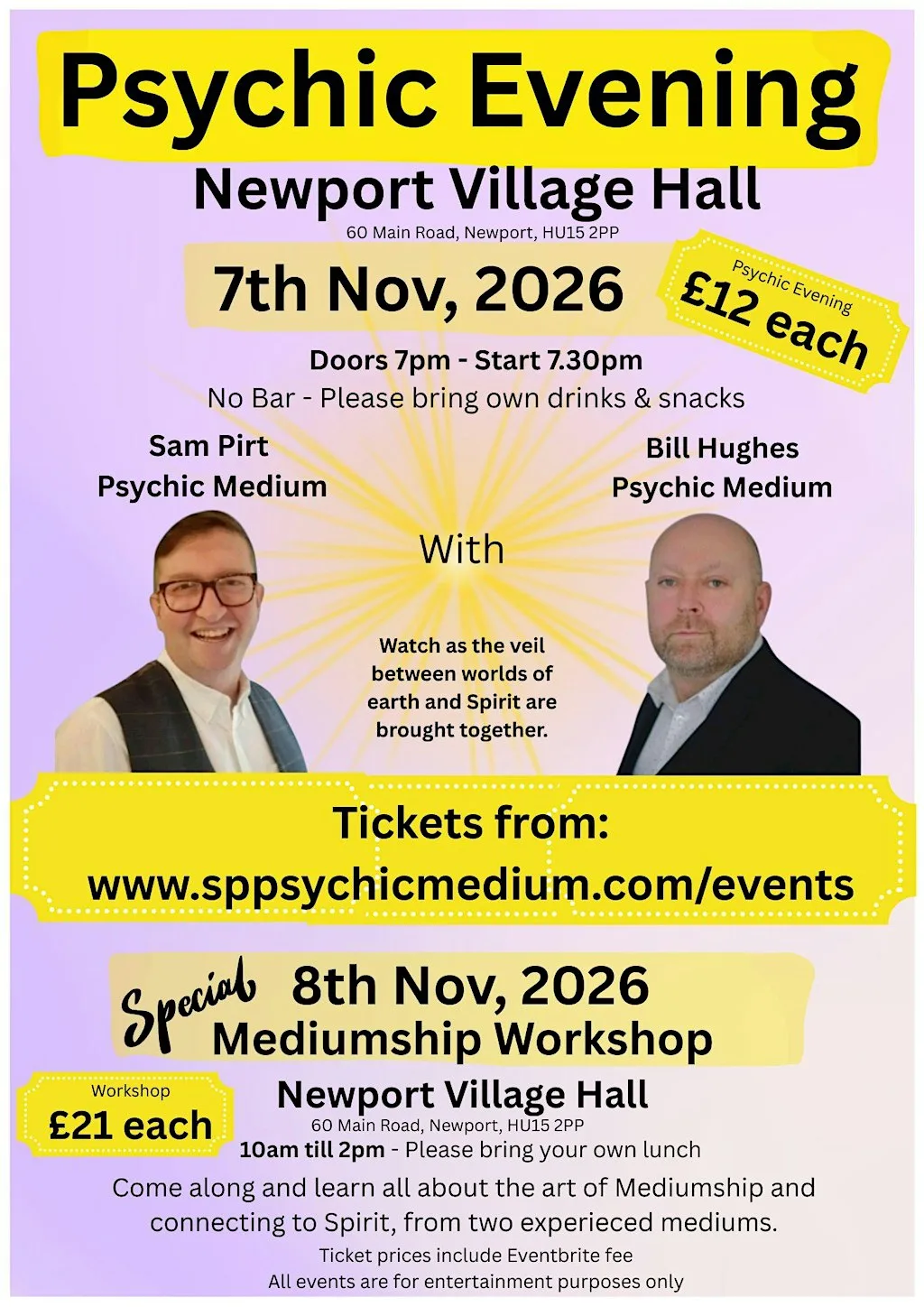Mediumship Workshop SPECIAL with Psychic Medium's Sam Pirt & Bill Hughes at Newport Village Hall