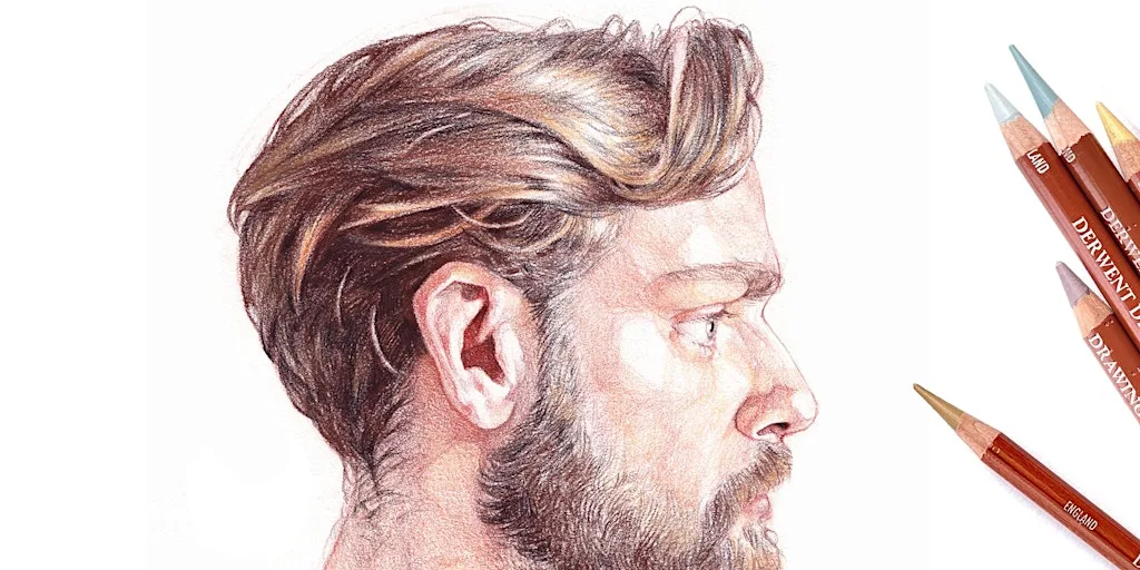 Portrait drawing in colour pencil: Jake Spicer x Derwent Drawing (morn) at Cass Art