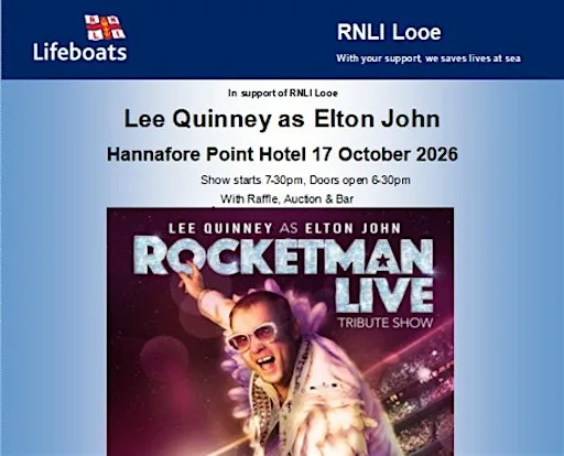 RNLI Looe Presents Lee Quinney as Elton John Rocketman 2026 at Hannafore Point