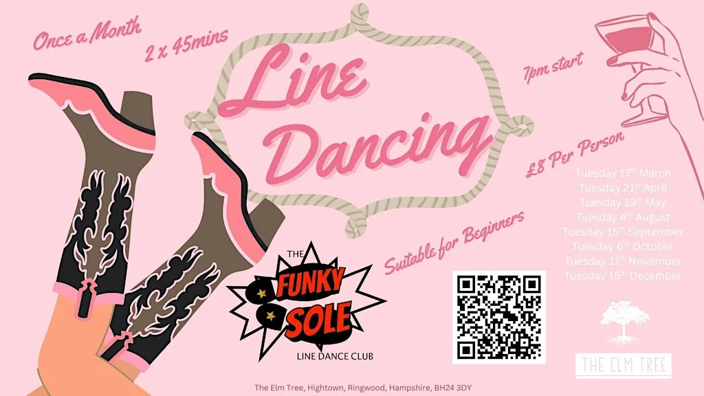 Line Dancing - Tuesday 4th August at The Elm Tree Tithe Barn. at The ElmTree, Hightown Road, Hightown, Ringwood , UK. One minute from A31 - large free car park. Event held in large Tythe Barn on site. Main bar and Restaurant open as usual 12.-12. www.elmtreeringwood.co.